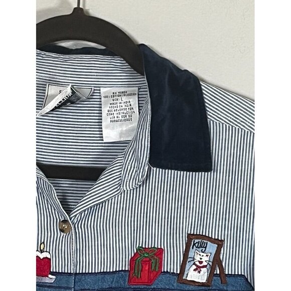 Christmas Striped Shirt L Cat Embroidery Festive Holiday Preppy Classic Retro - Picture 5 of 14